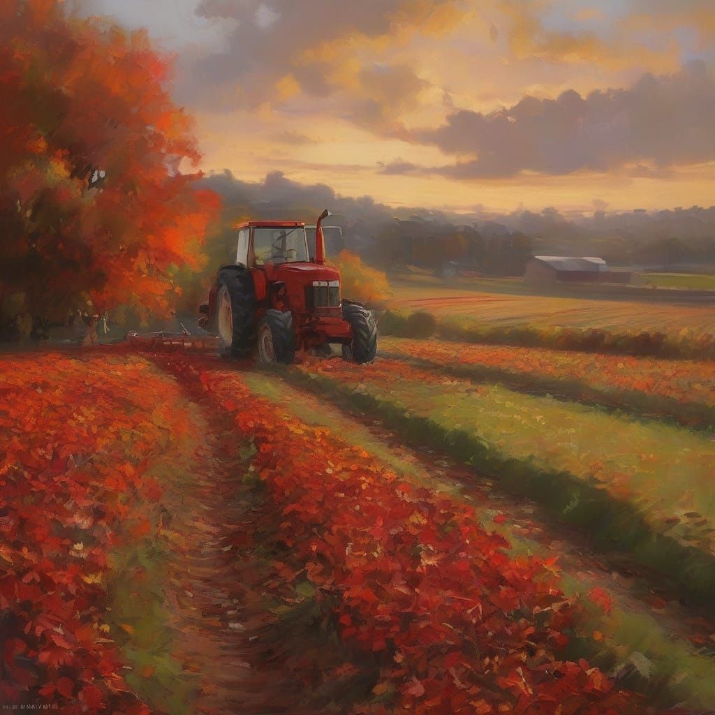 Autumn Hedge Cutter and Plough in Vibrant Oil Painting