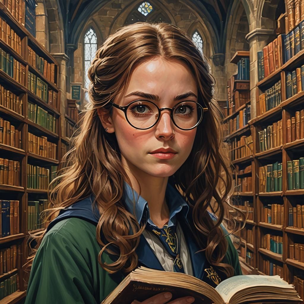 Ravenclaw Girl Studying in Hogwarts Library as Oil Painting