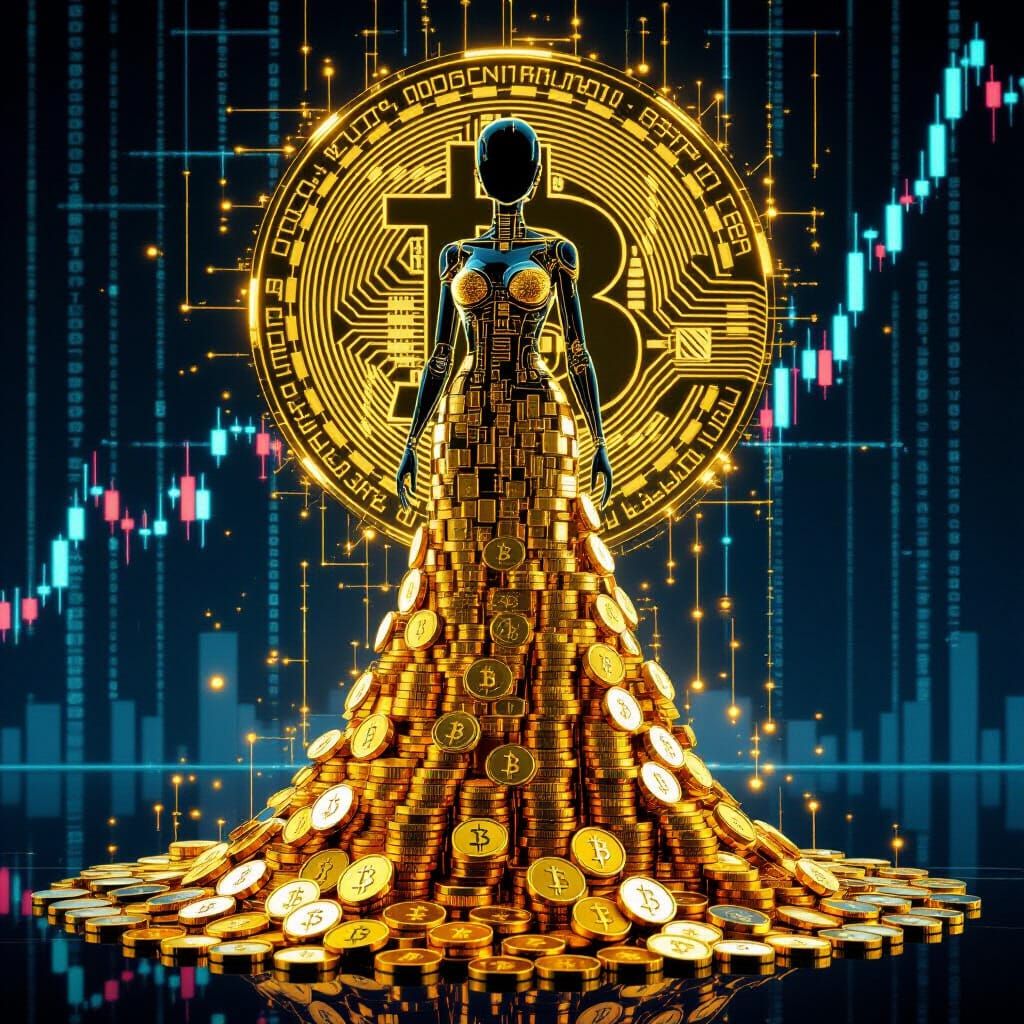 Neon Cyborg Girl in Gold Coin Dress, Cyberpunk Stock Market
