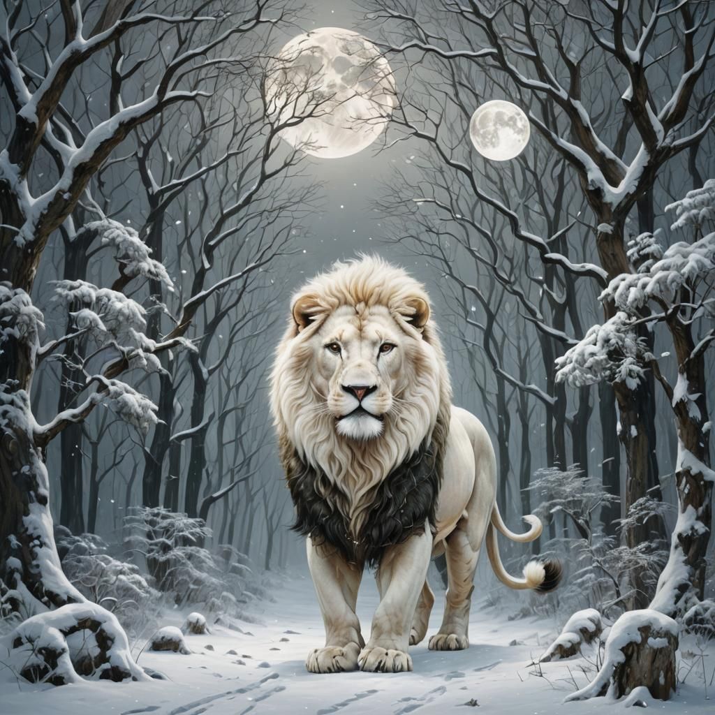 White Lion in Mystical Forest with Sacred Geometry