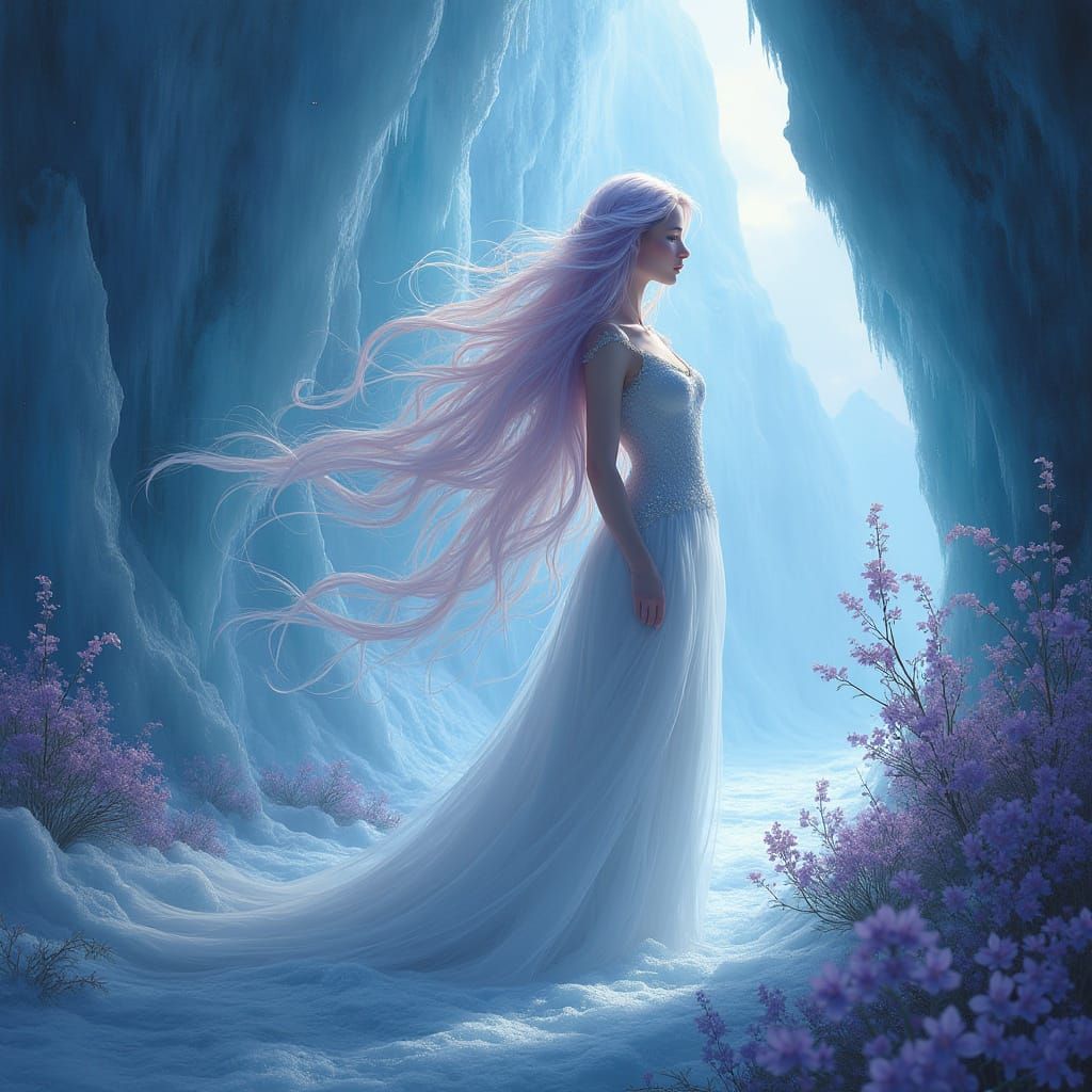 Aurora Goddess in Glacial Cave, Art Nouveau Style