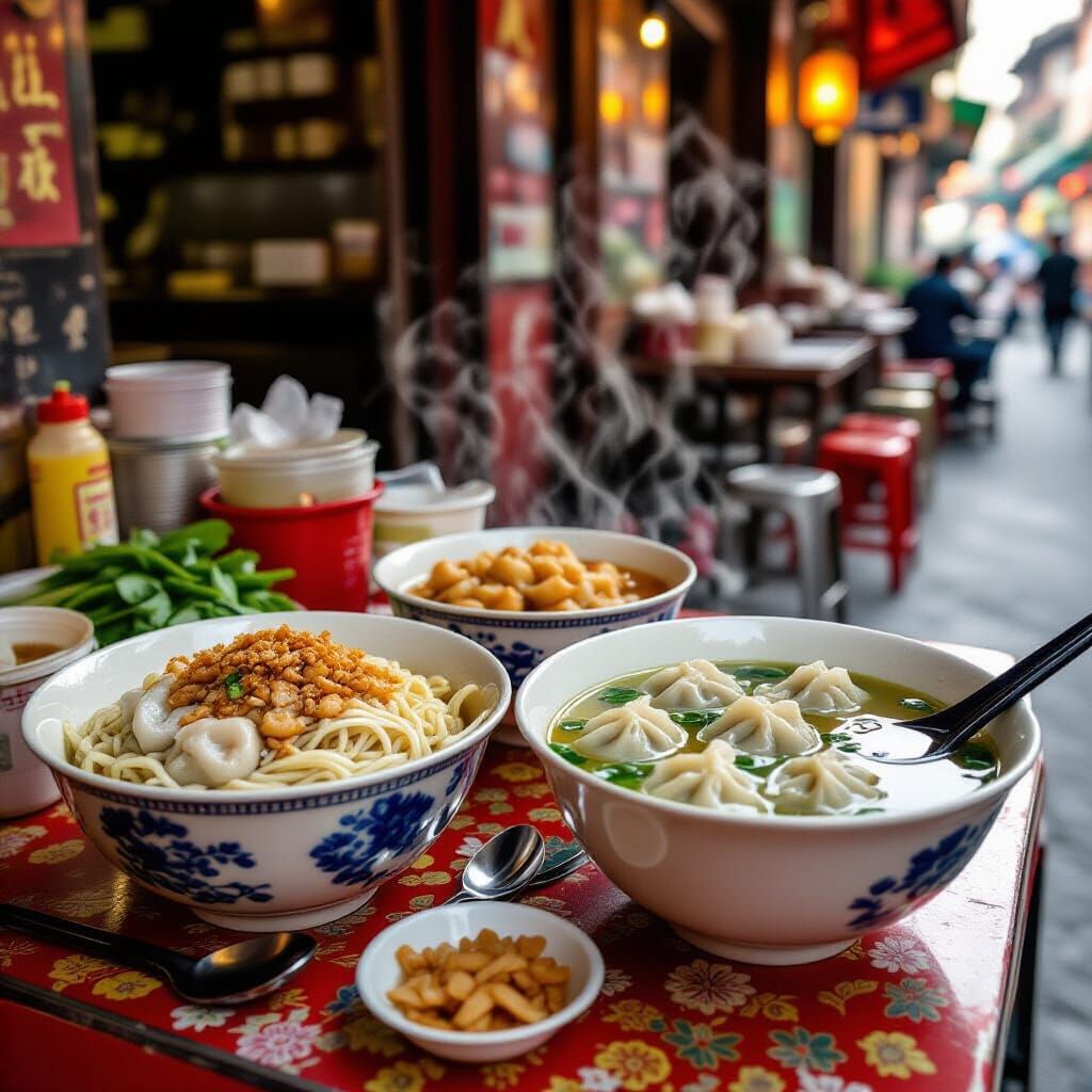 Chinese Dumpling Noodles in Street Food Setting