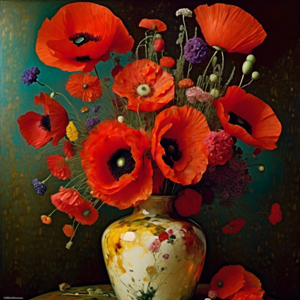 Lush Poppies Still Life in Symbolist Style