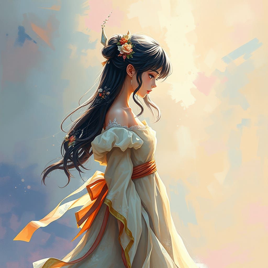 Anime Girl in Gouache Style with Ethereal Lighting