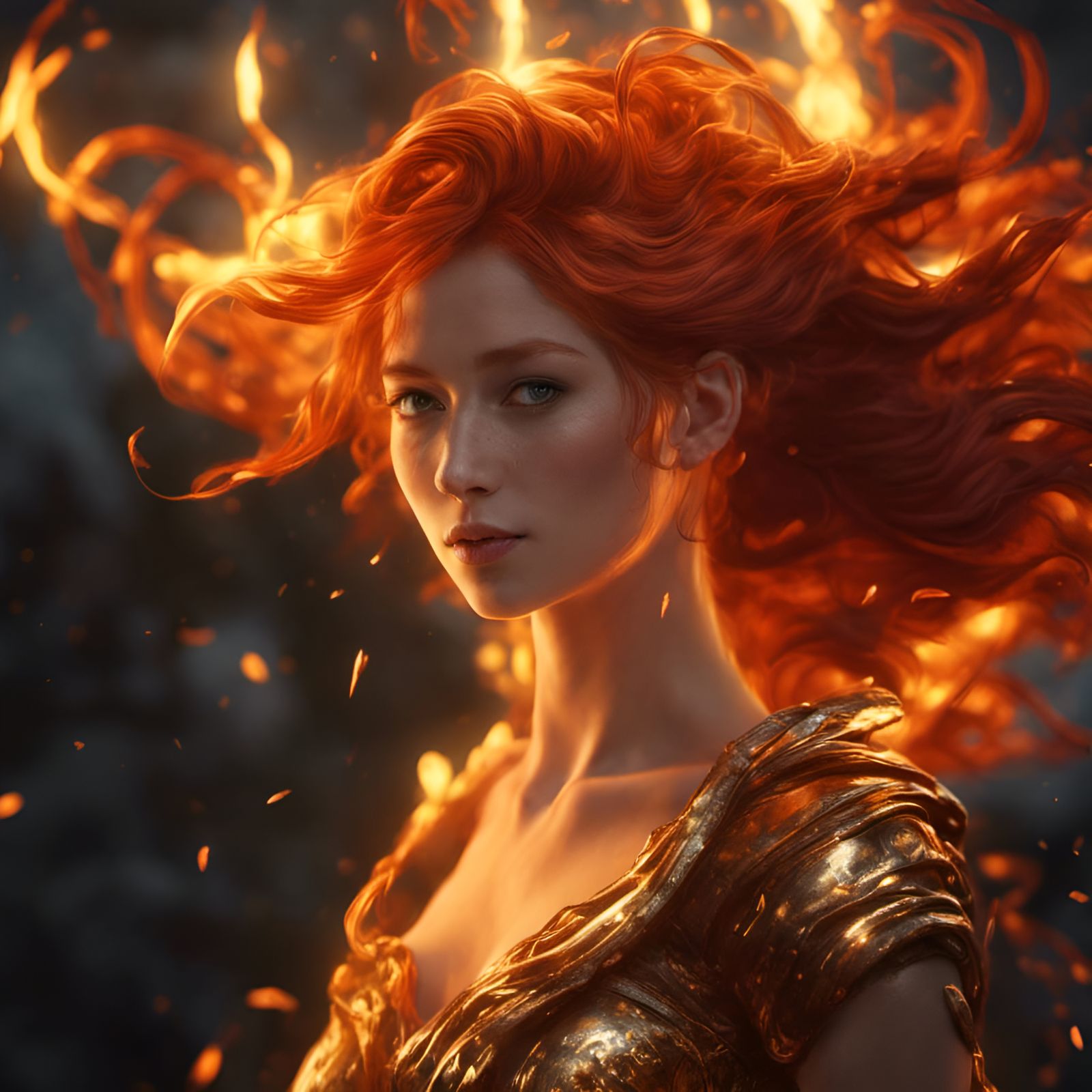 Fiery Goddess with Golden Energy Swirls