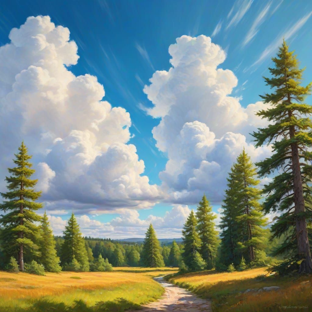 Impressionist Landscape with Puffy Clouds and Green Pines