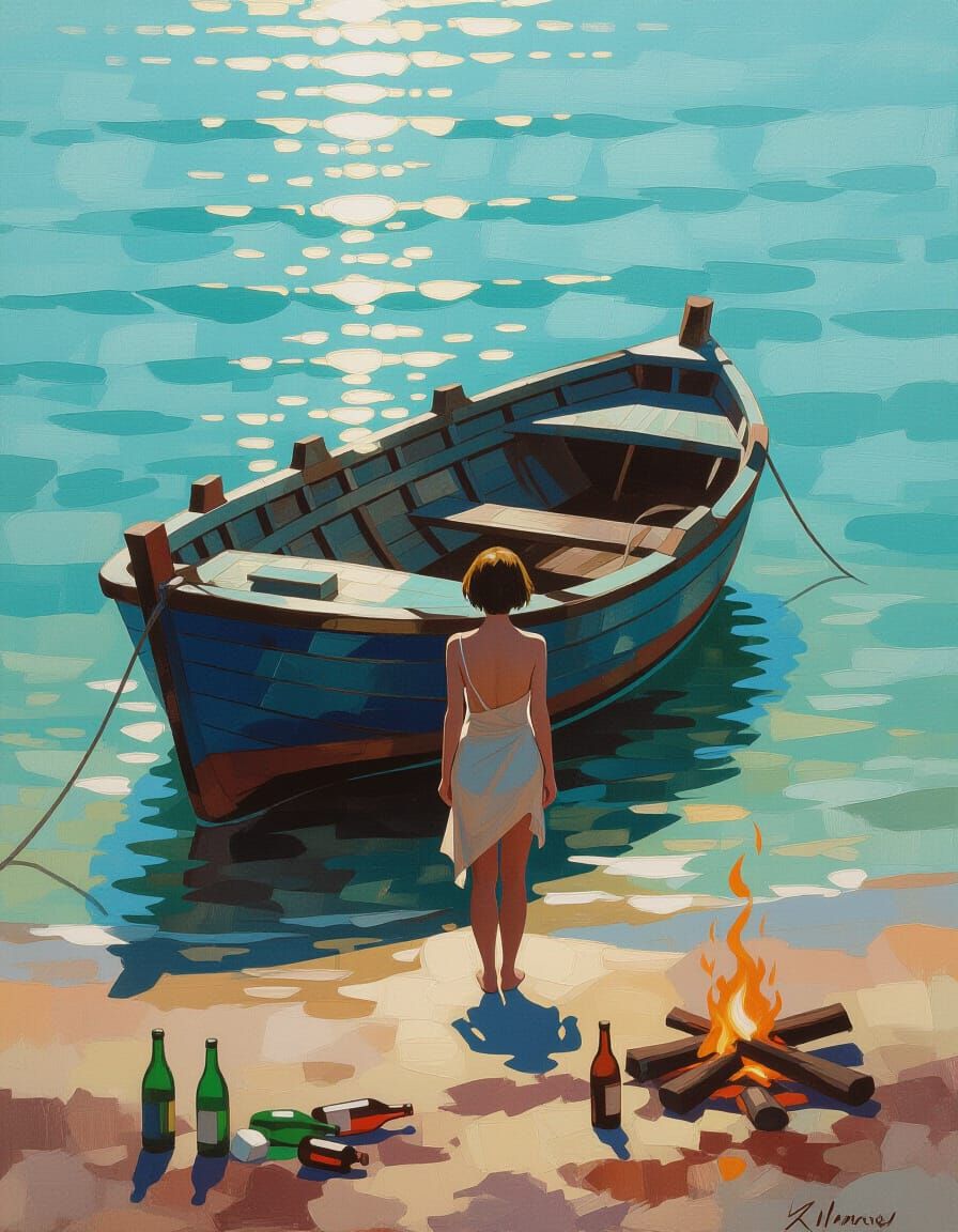 Shipwreck in Glistening Sea, Impressionistic Painting