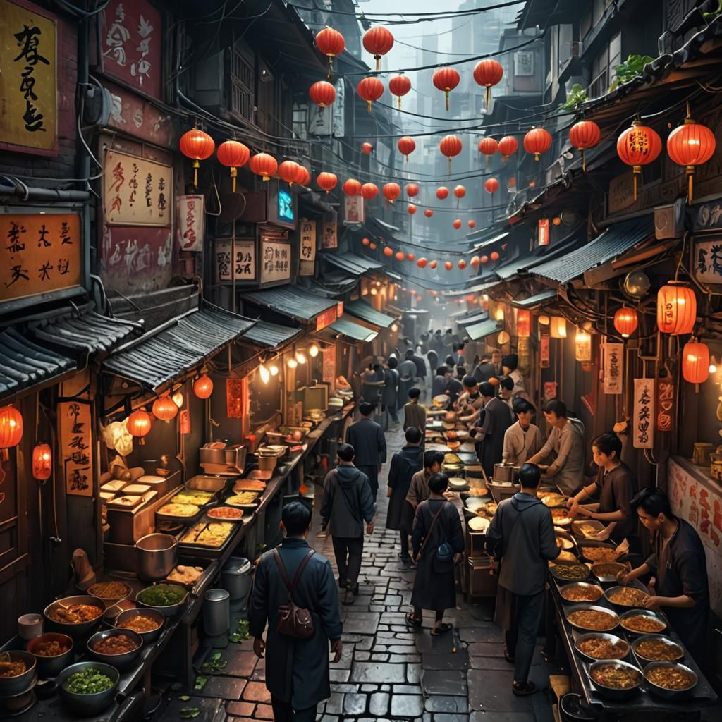 Vibrant Asian Alleyway Street Food Scene