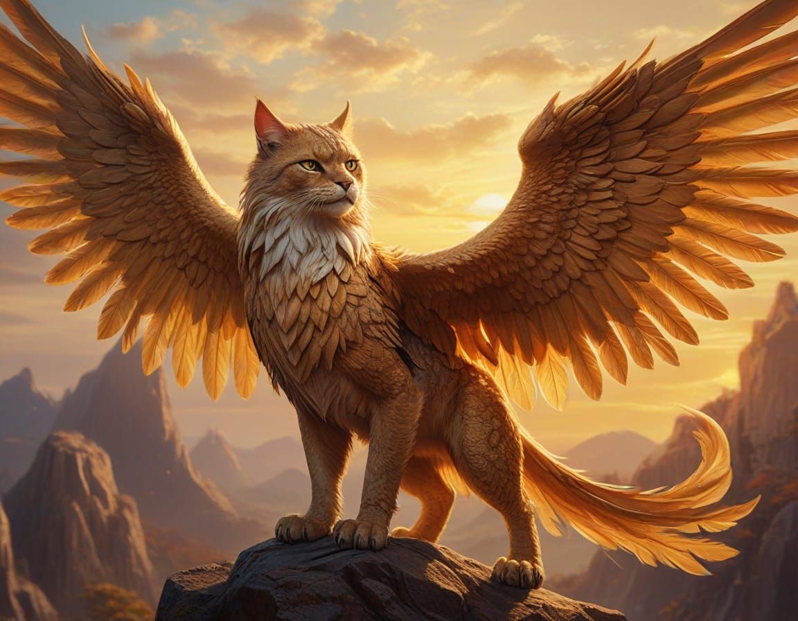 Cat Gryphon Hybrid in Golden Moonlight, Oil Painting
