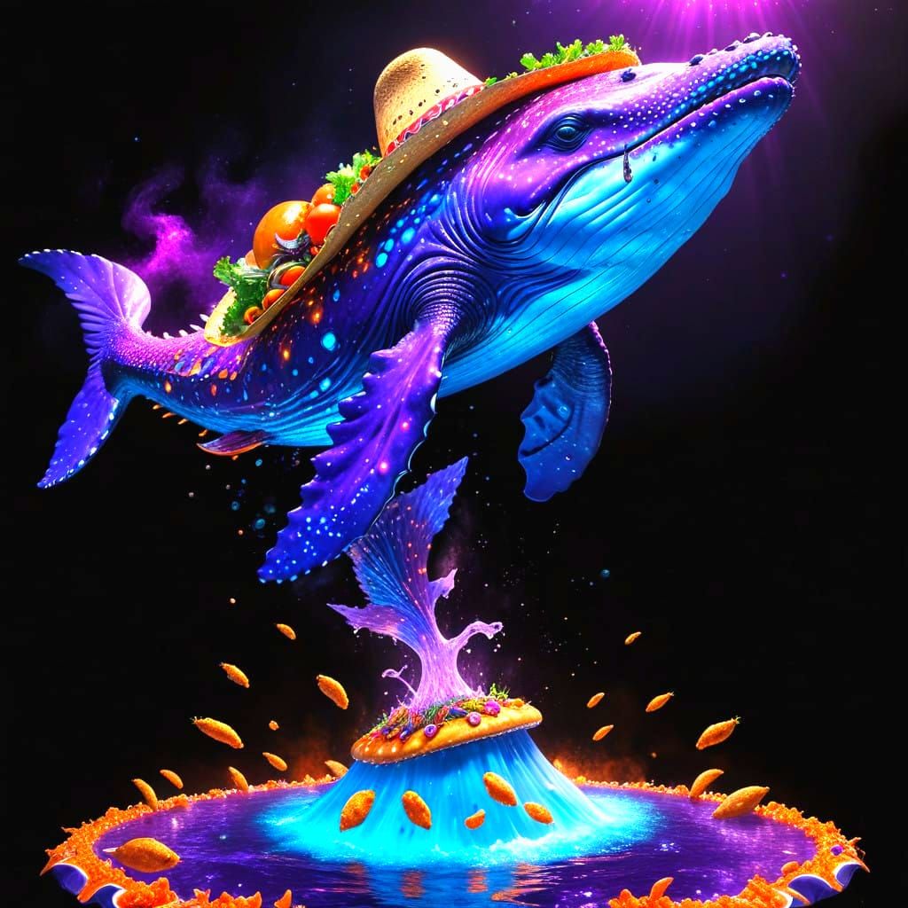 Glittering Cosmic Whale Dances in Neon Sea