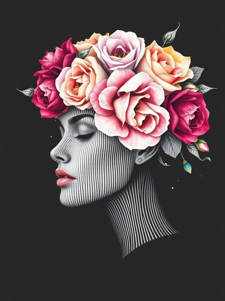 Linocut Portrait of Woman with Watercolor Roses