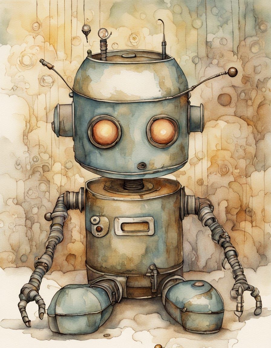 Whimsical Watercolor Robot with Delicate Mechanical Heart