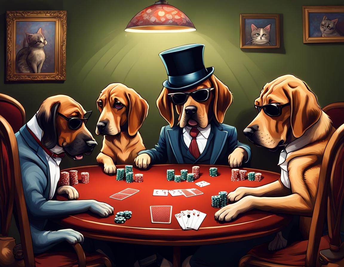 Chibi Bloodhounds Play Poker with Cats in Detailed Painting