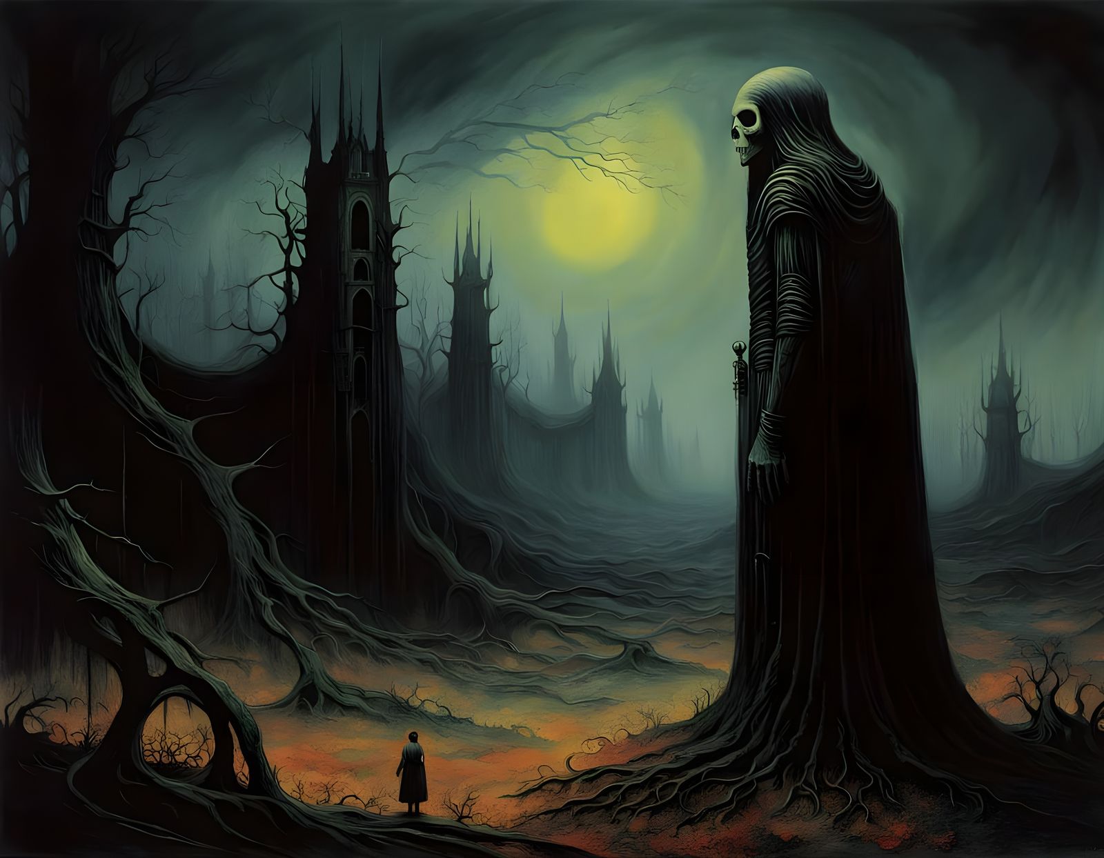 Ethereal Gothic Scene in Dark, Surreal Style