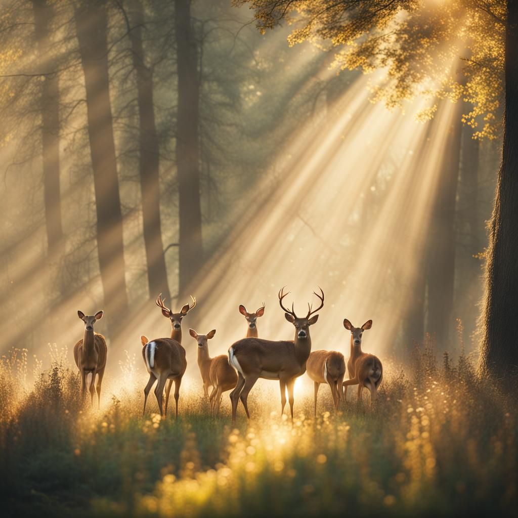 Magical Deer Family in Forest Sunlight