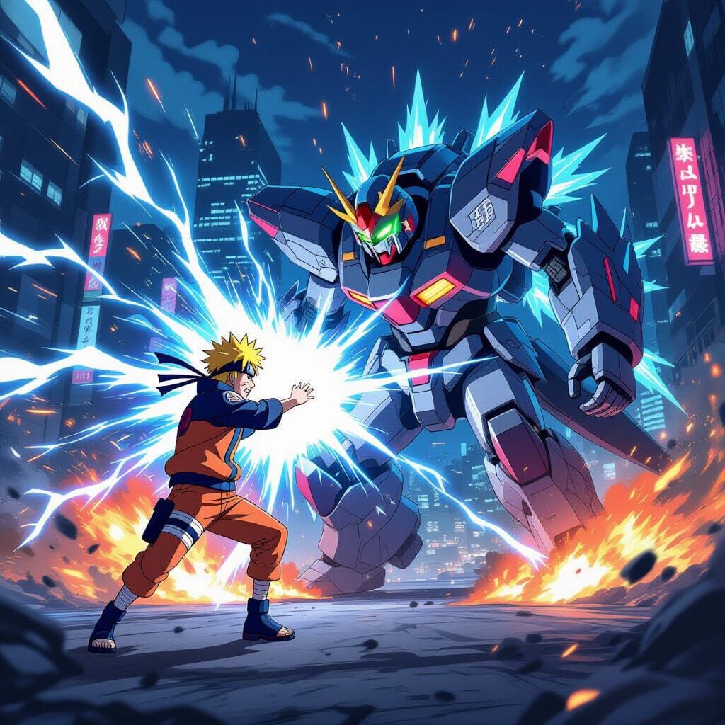 Anime Warrior Battles Giant Mecha-Kaiju in City