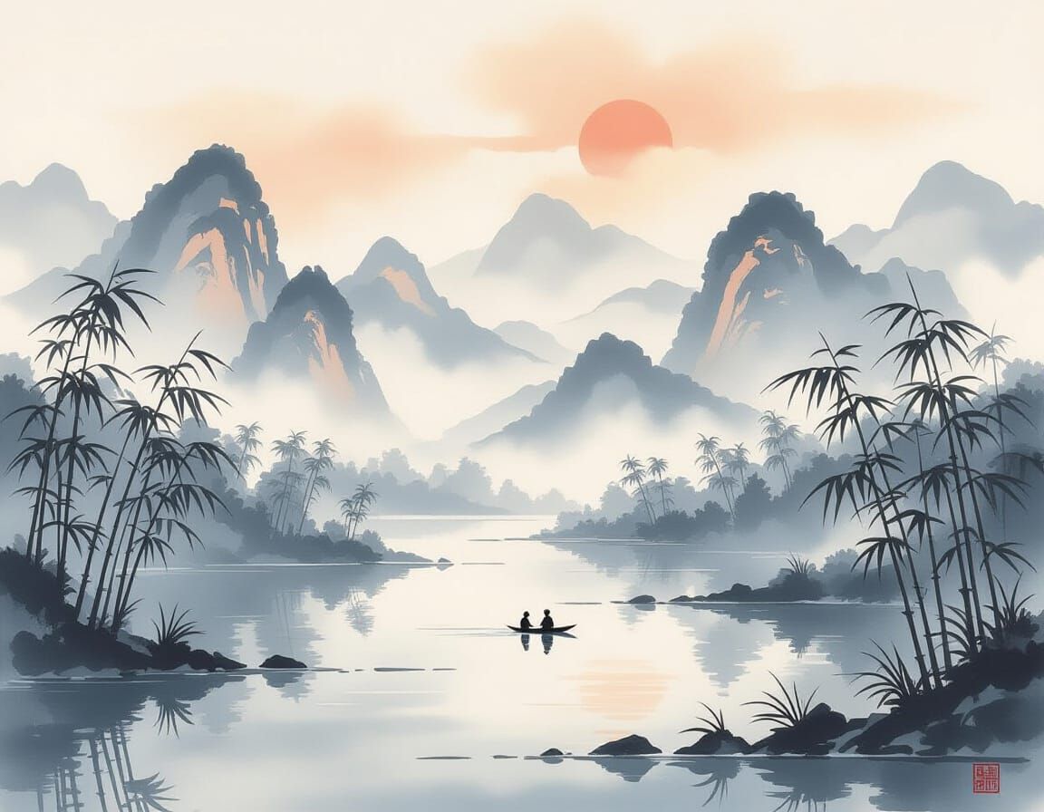 Misty Mountains and Bamboo: Chinese Watercolor Landscape