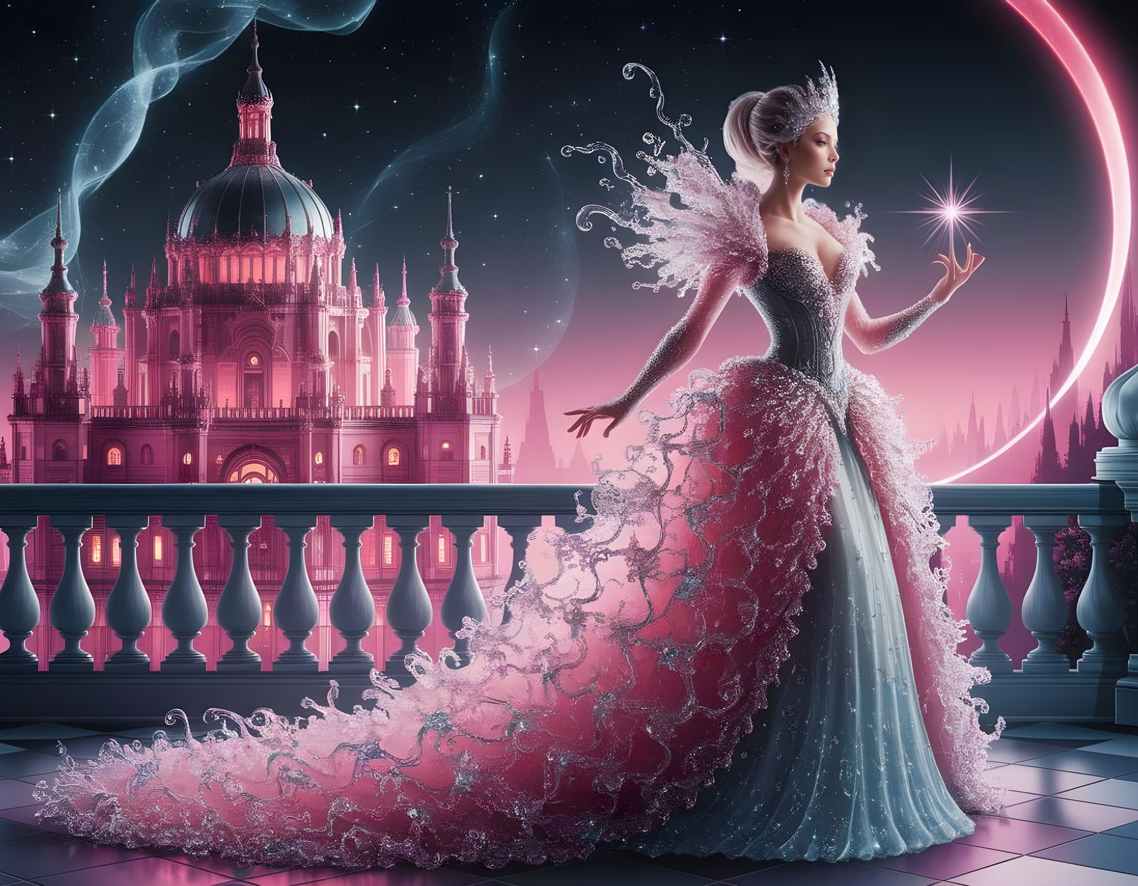 Regal Queen in Shimmering Glass Gown Overlooking Pink City