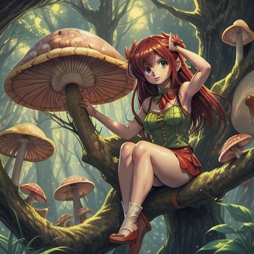 Cute Mushroom Girl on Branch, Cel-Shaded Anime