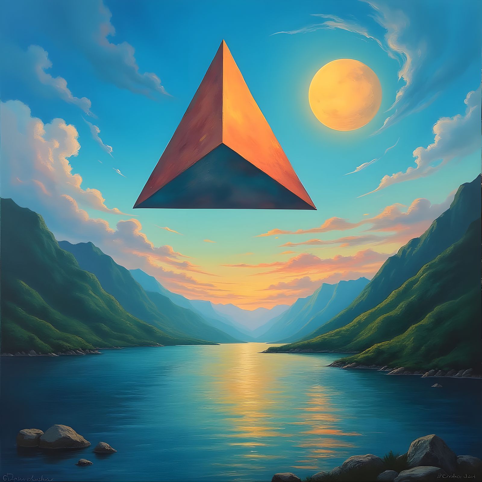 Surreal Tetrahedron Suspended in Sky with Melting Landscape