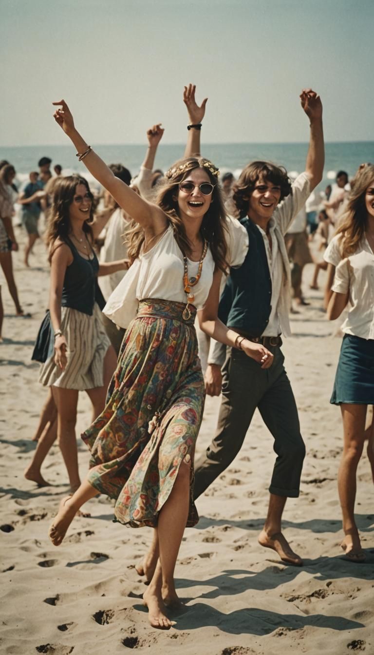 Hippie Students Dancing on Beach in 1960s