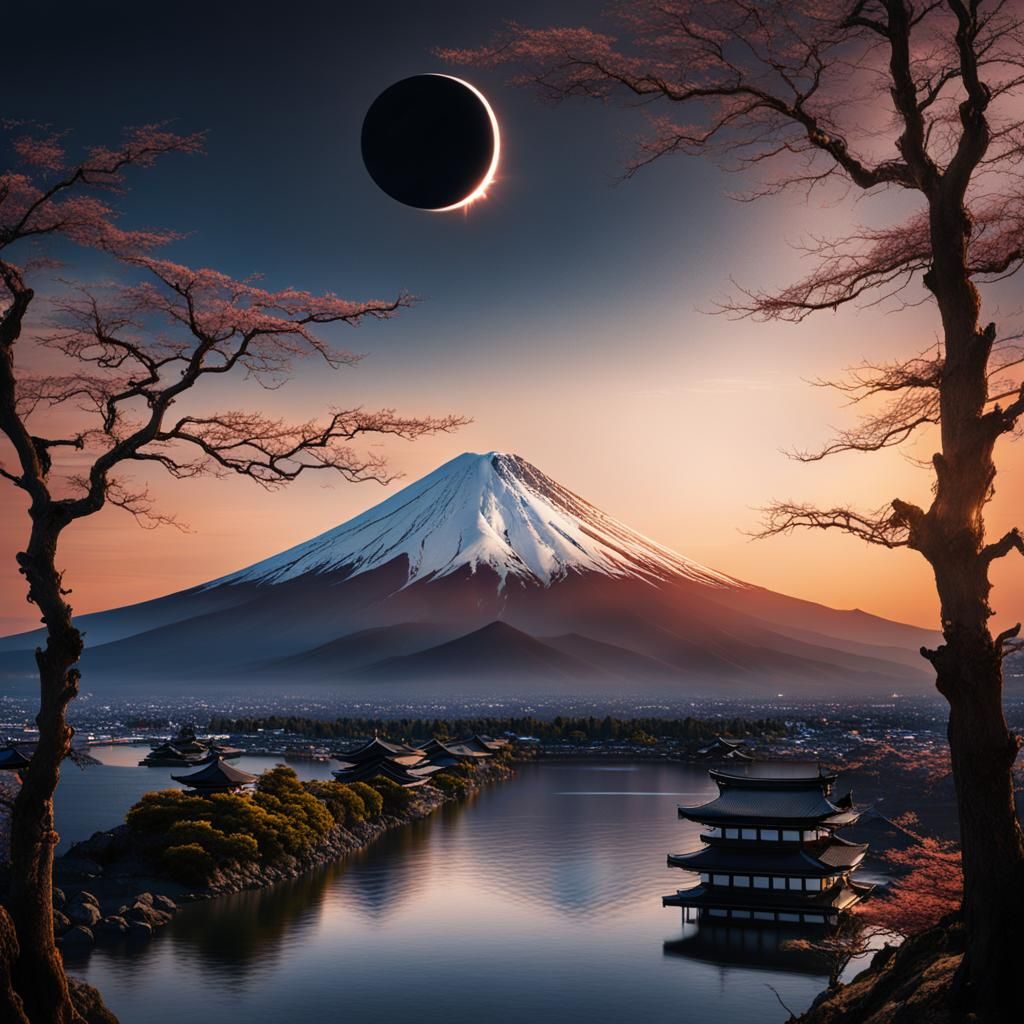 Epic Mount Fuji Solar Eclipse Digital Painting