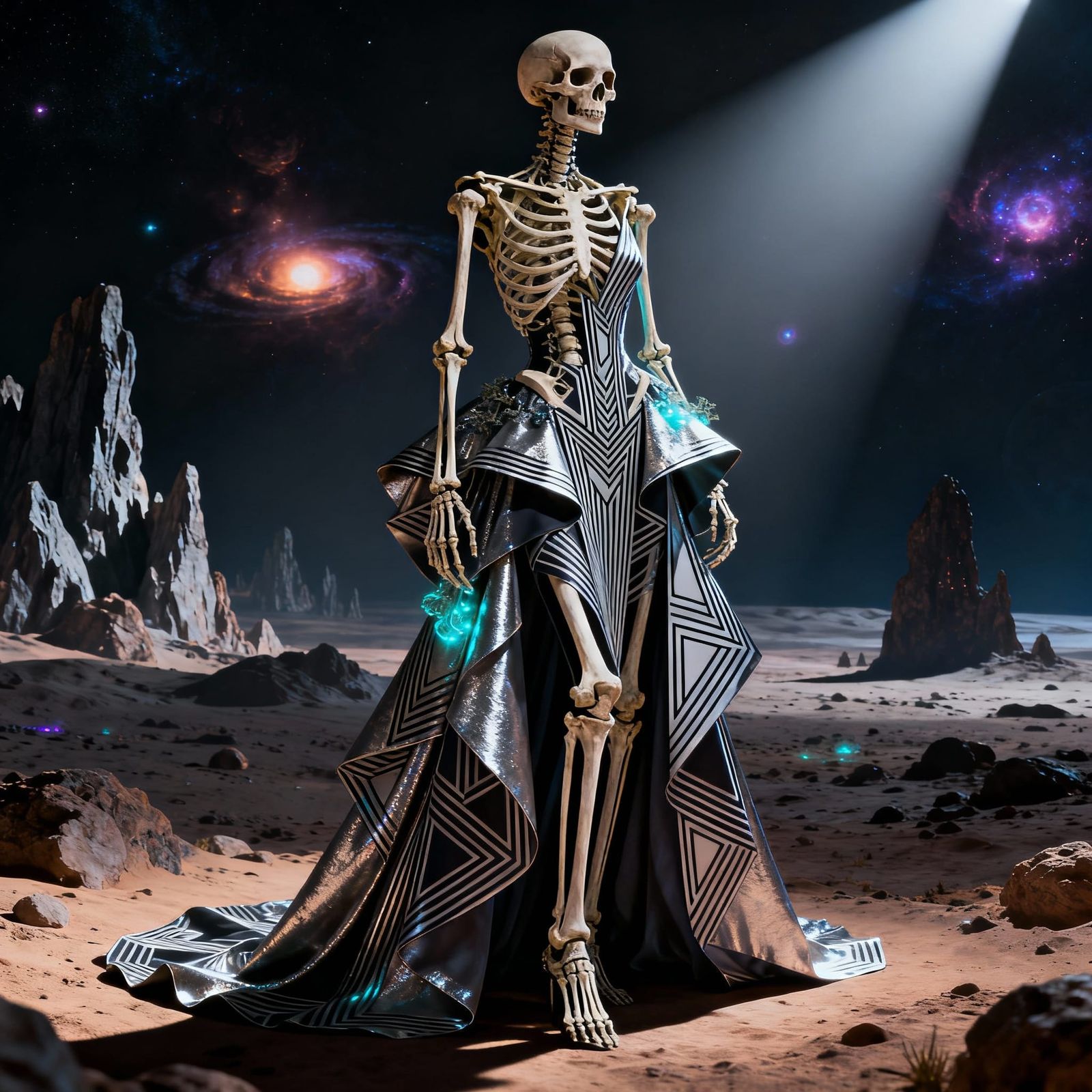 Skeletal Figure in Avant-Garde Couture on Alien Planet
