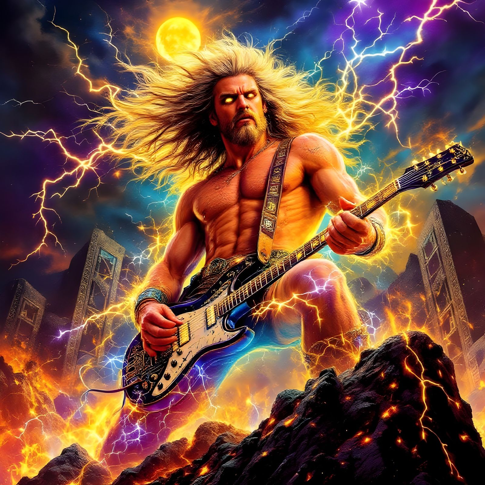 Zeus-like Psychedelic Rock Star Performance with Lightning