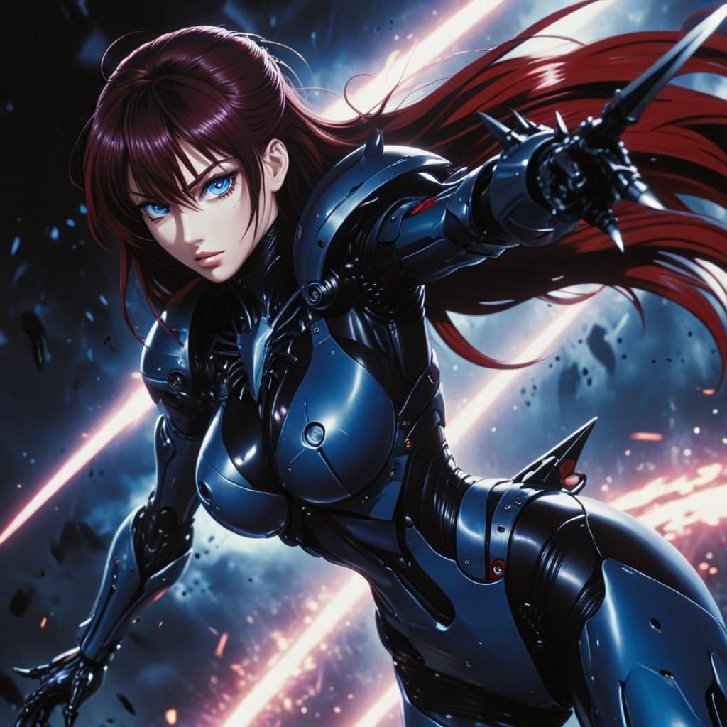Rias Gremory in Cyberpunk Sci-Fi Anime Armor