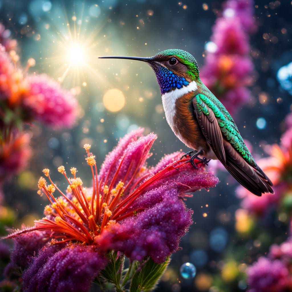 Hummingbird in Vibrant Plume of Feathers