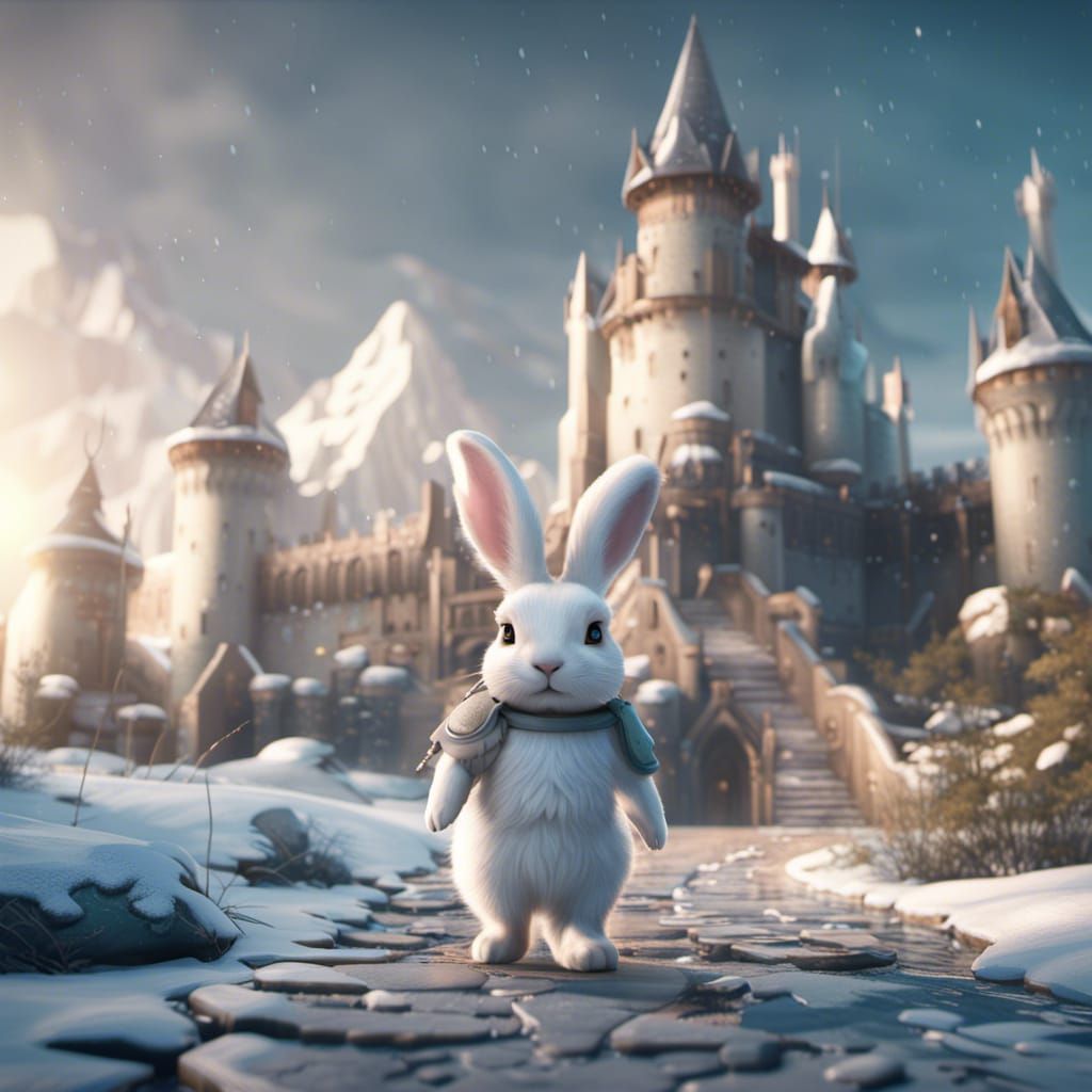 Cute Rabbit in Front of an Icy Castle