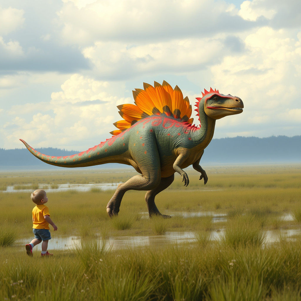 Child Watches Colorful Feathered Dinosaur