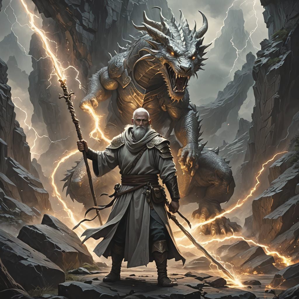 Bedwyr and Wyrm: Welsh Myth in Oil Painting Style