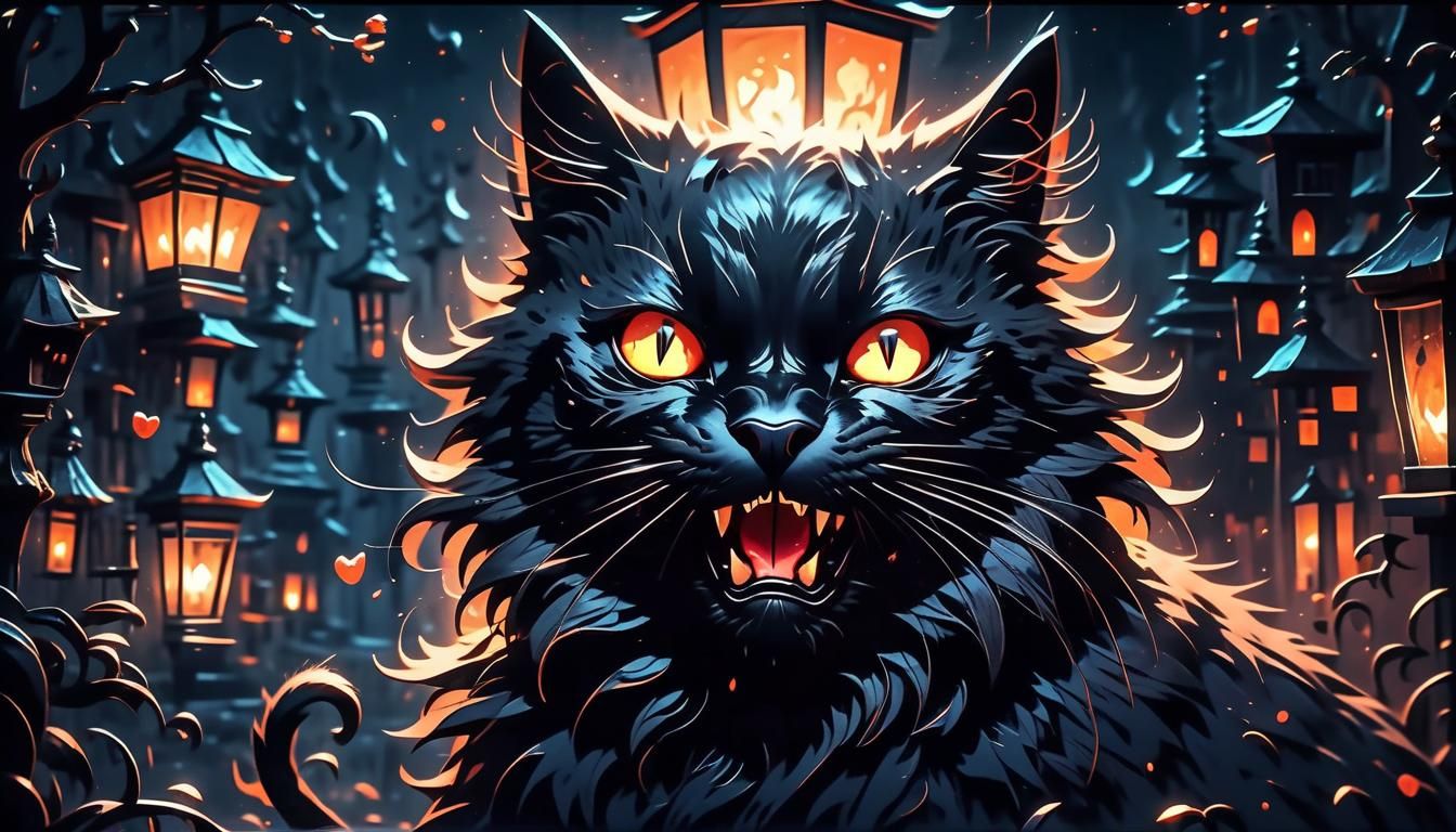 Fierce, Enraged Black Cat with Glowing Eyes in Dark Romantic...