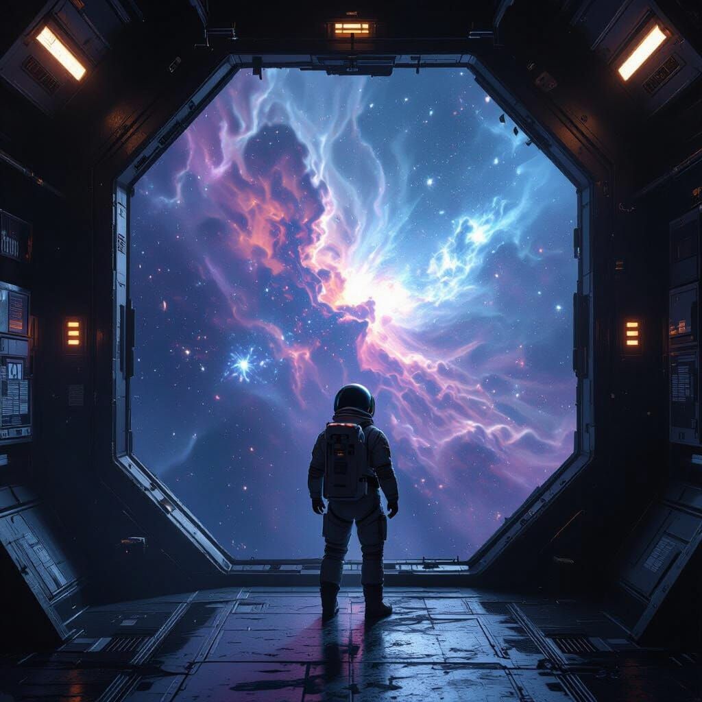 Astronaut Views Crystalline Nebula from Derelict Spaceship