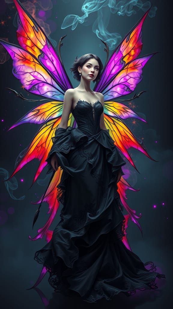 Dark Fantasy Fairy with Rainbow Wings in Smoky Gown