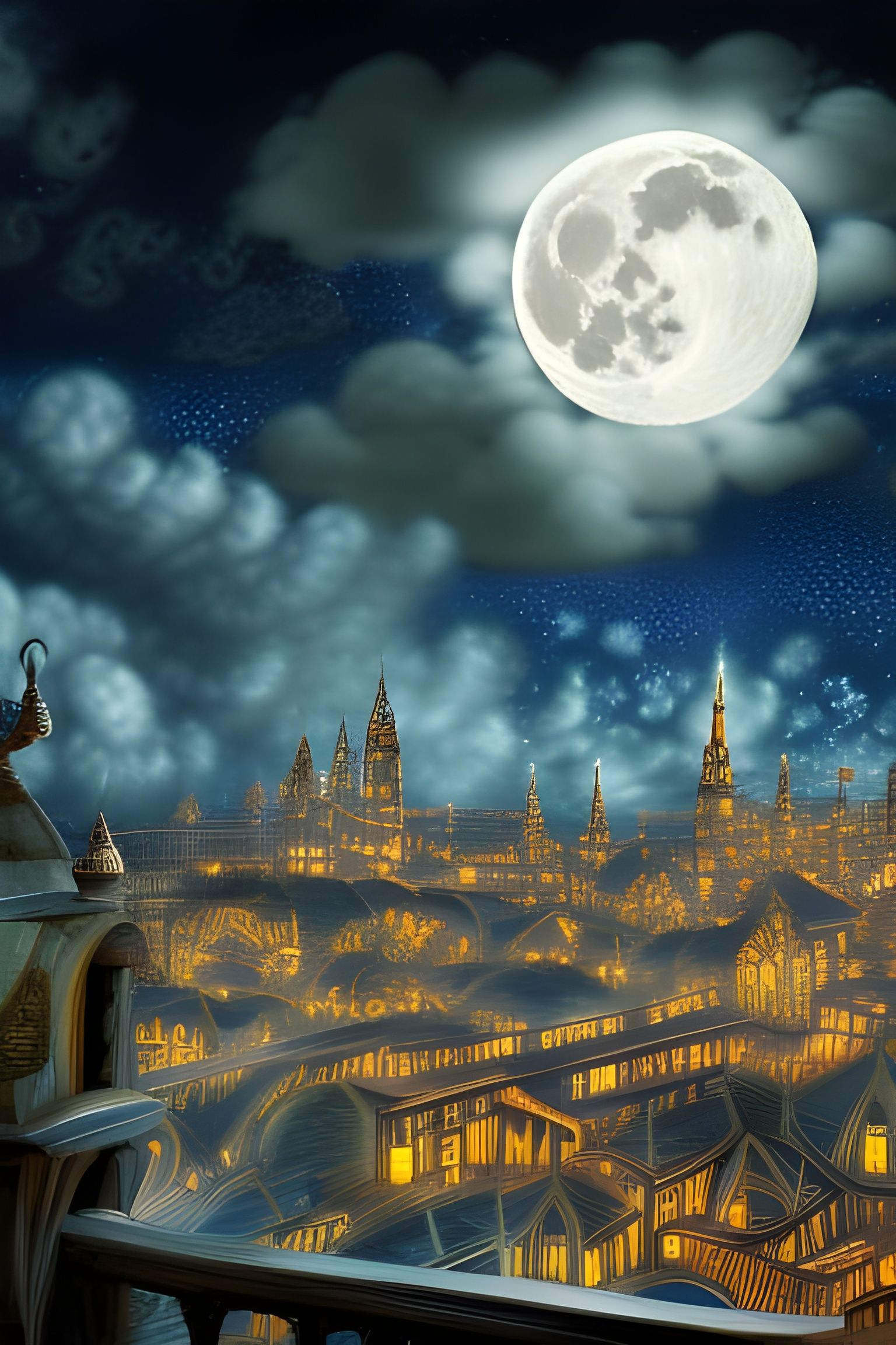 Intricate Moon Over Clock Town at Night
