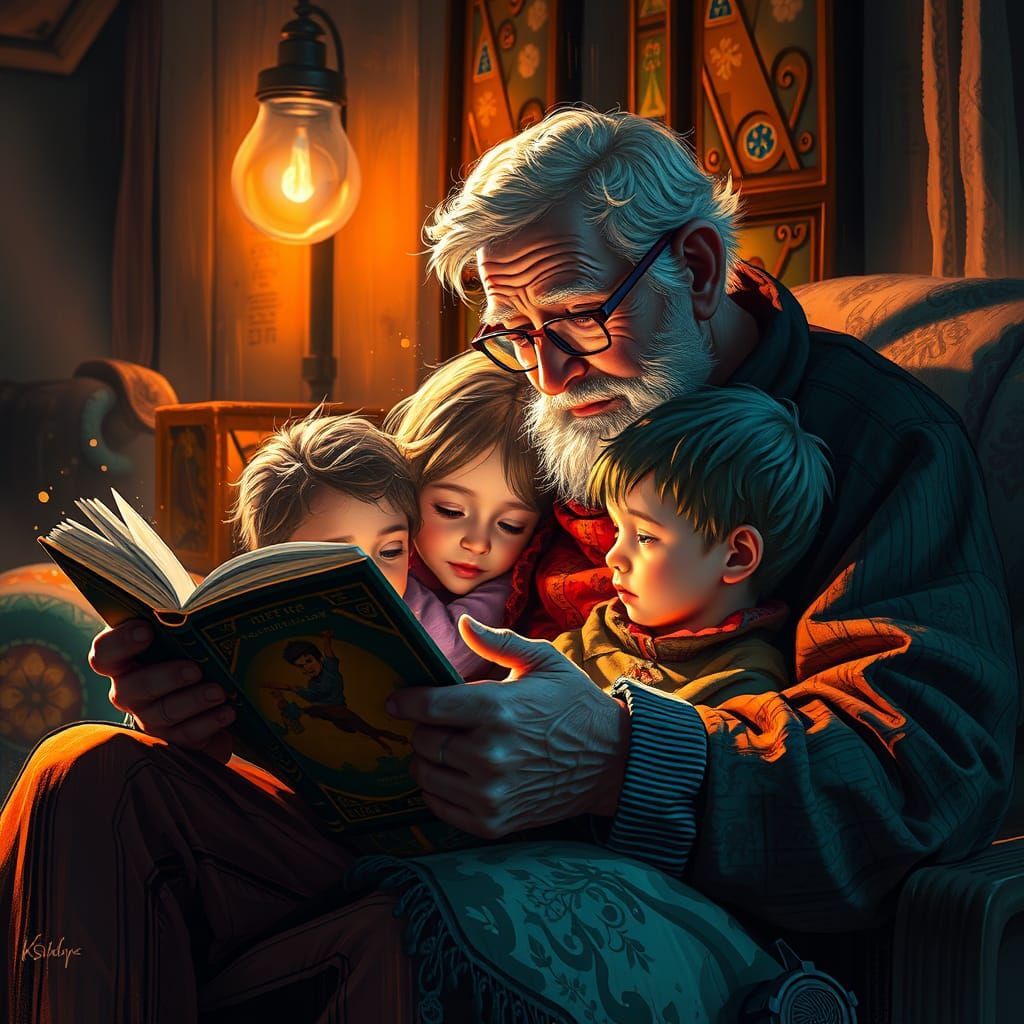 Cozy Family Moment in Vibrant Triadic Colors