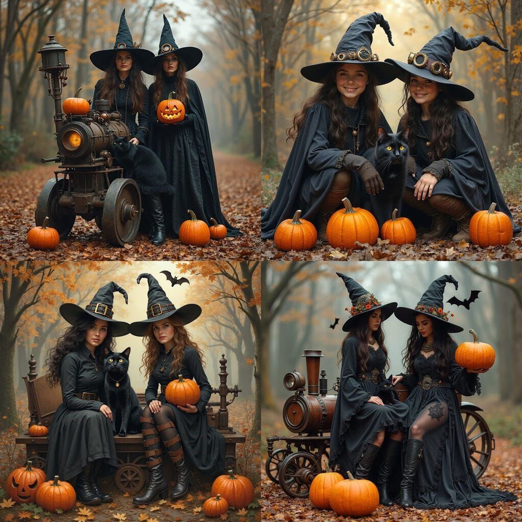 Steampunk Halloween Witches with Black Cat and Pumpkins