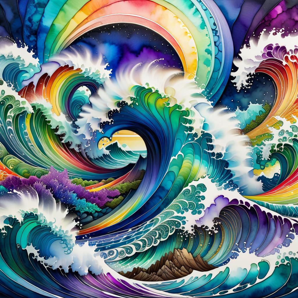 Rainbow Ocean Waves in Watercolour and Metallic Ink