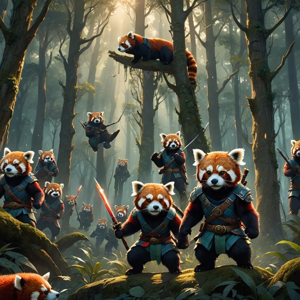 Red Panda Warriors in Mystical Forest, Fantasy Art