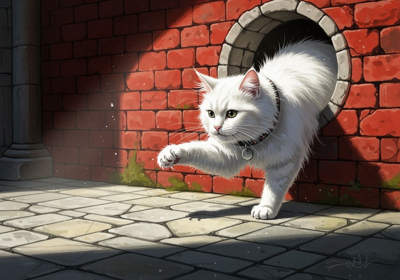 Fluffy Cat Emerges from Brick Wall: Watercolor Fantasy