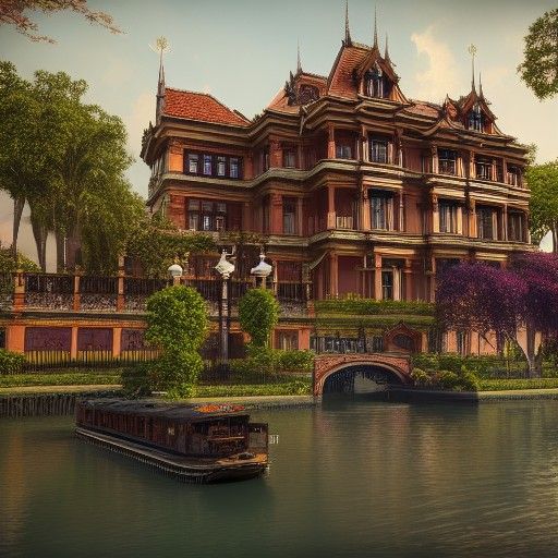 Siam European Mansion Near Canal: Detailed Matte Painting
