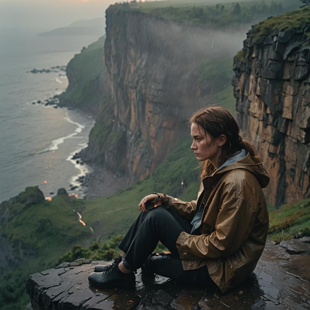 Rainy Cliff at Dusk: Cinematic Film Still