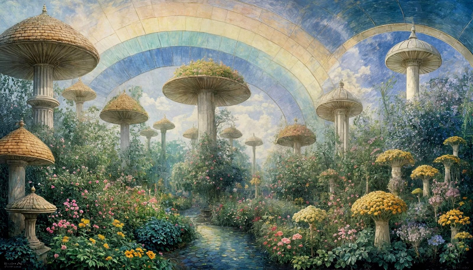 Mysterious Garden Stained Glass in Pastel Lithograph