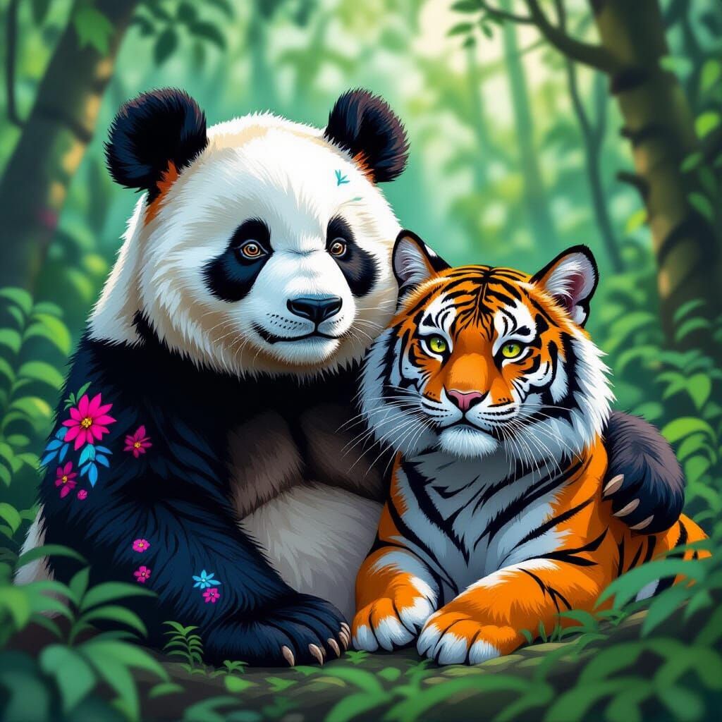 Panda, Cat, and Tiger Hybrid in Lush Forest