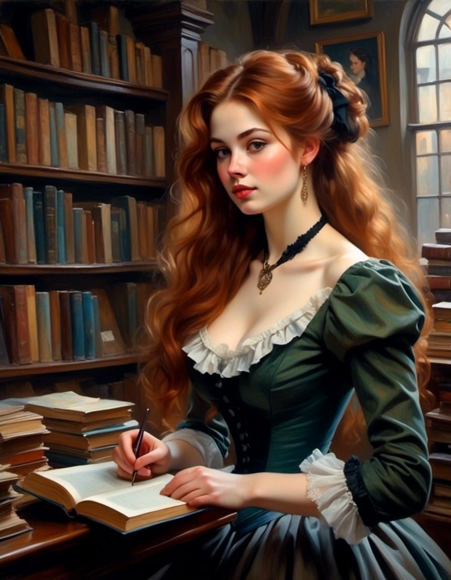 Victorian Woman Shopping in Bookstore