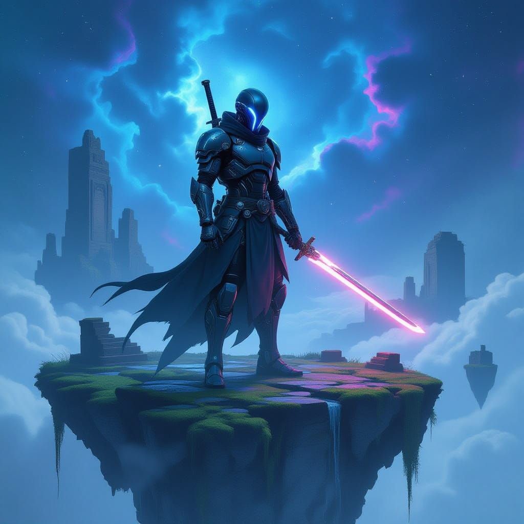 Cosmic Android Warrior with Glowing Katana on Floating Islan...
