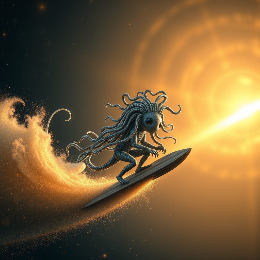 Kawaii Prehistoric Surfer Medusa in Cosmic Stardust