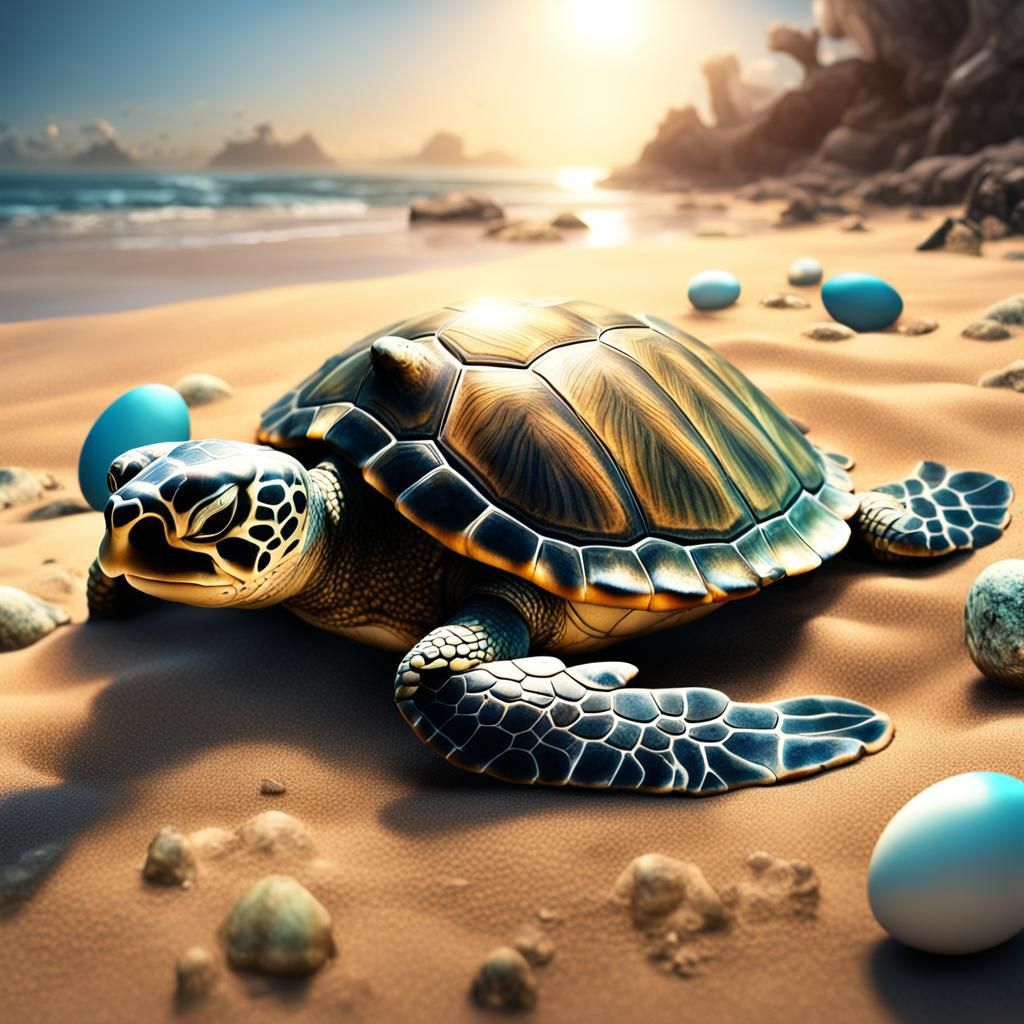 Sea Turtles Hatching: Detailed Fantasy Concept Art